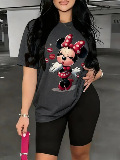 Minnie Mouse Women T Shirt Summer Men Short Sleeve Tee Loose Fit Casual Top Cute Cartoon Graphic Print Cotton Streetwear Fashion